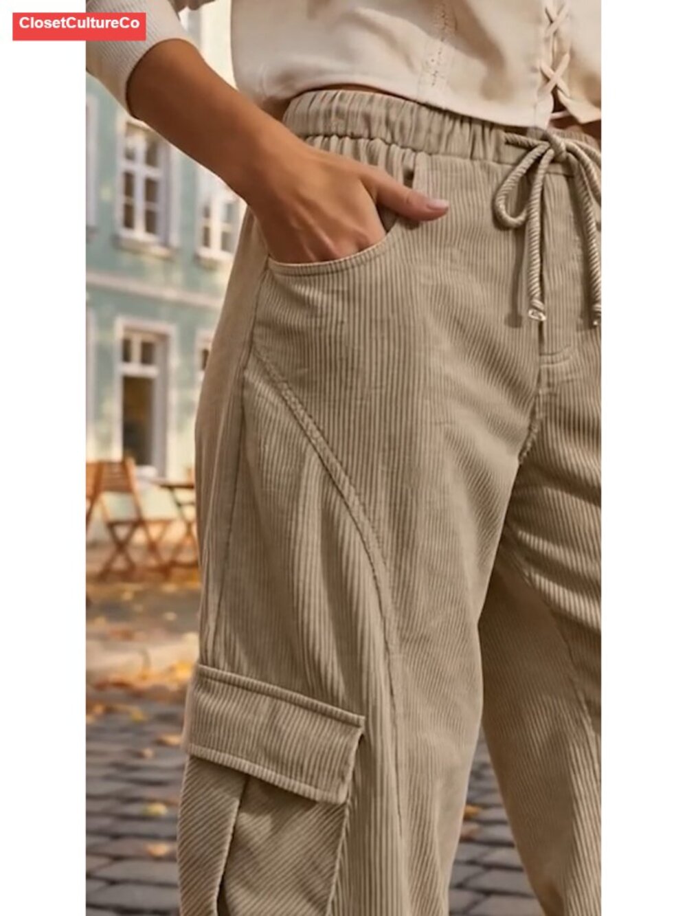 Corduroy Cargo Wide Leg Barrel Pants High Rise Tapered Casual - Picture 6 of 6